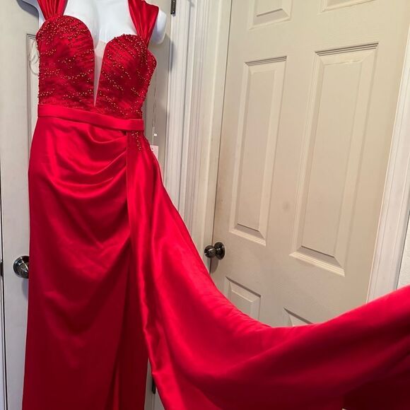 Dressing Room style# 1878 Deep-V Beaded Bodice Dress With Train - Women's Size 1 - Picture 3 of 12